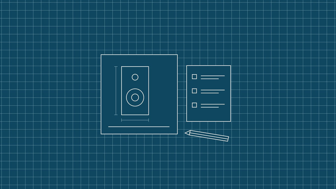 Blueprint-style line drawing on a teal grid: a speaker plan with dimension lines, a checklist and a pencil.