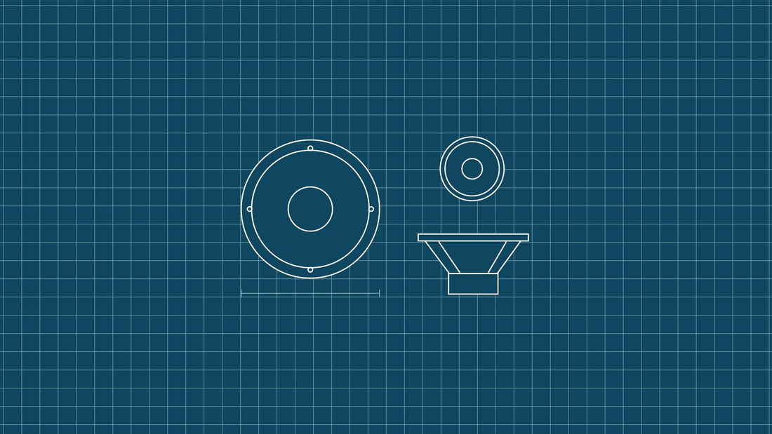 Blueprint-style line drawing on a teal grid: a woofer from the front, a tweeter, and a driver in side profile showing its basket and magnet.