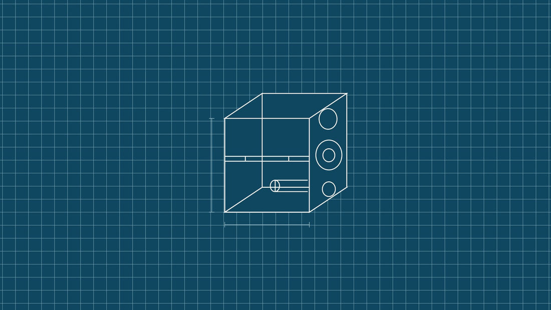 Blueprint-style line drawing on a teal grid: a speaker enclosure in outline with an internal brace, a port tube and three drivers on the baffle.