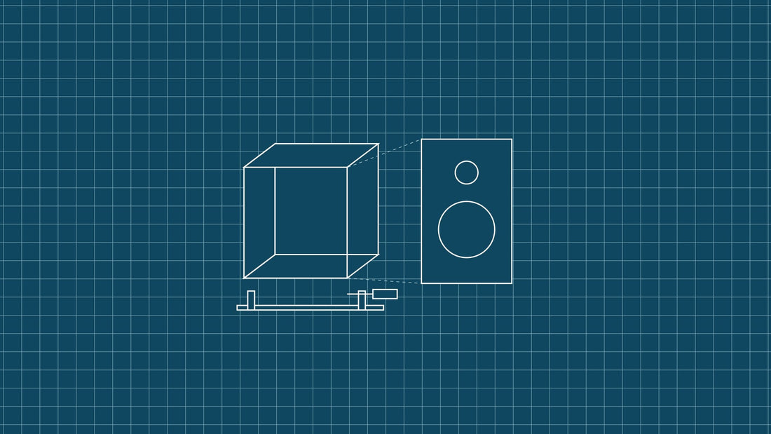Blueprint-style line drawing on a teal grid: a cabinet shell, a separate front baffle with two driver cut-outs, and a bar clamp.