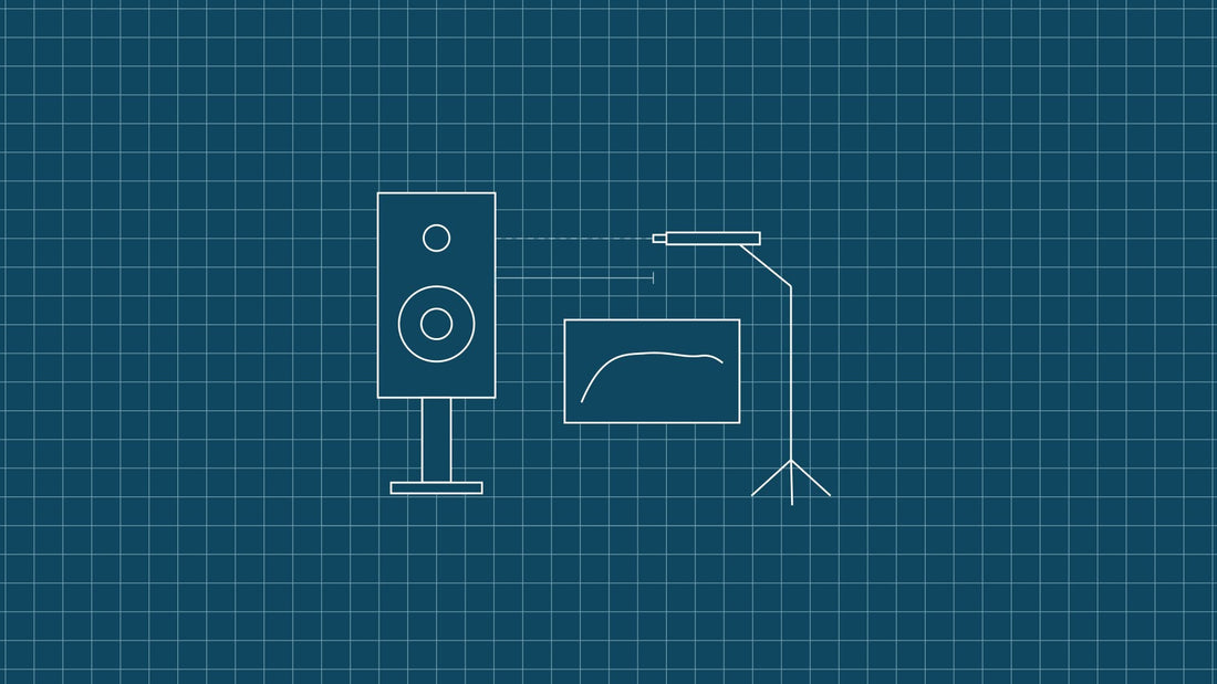 Blueprint-style line drawing on a teal grid: a speaker on a stand, a measurement microphone on a stand facing it, and a frequency response trace.