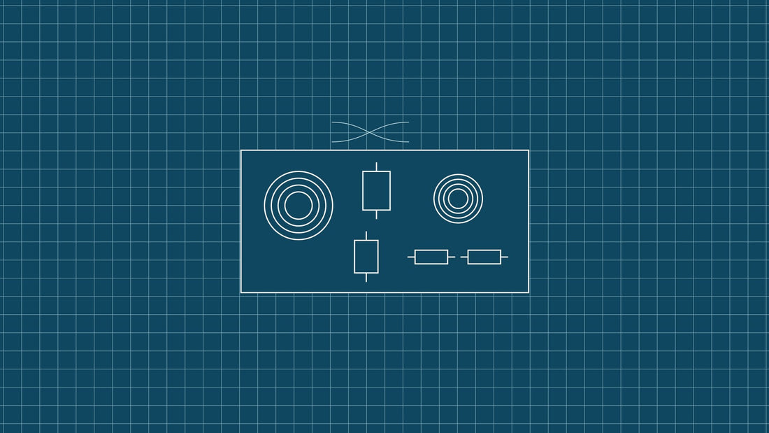 Blueprint-style line drawing on a teal grid: crossover parts on a board, with two inductor coils, two capacitors and two resistors, and crossing filter curves above.