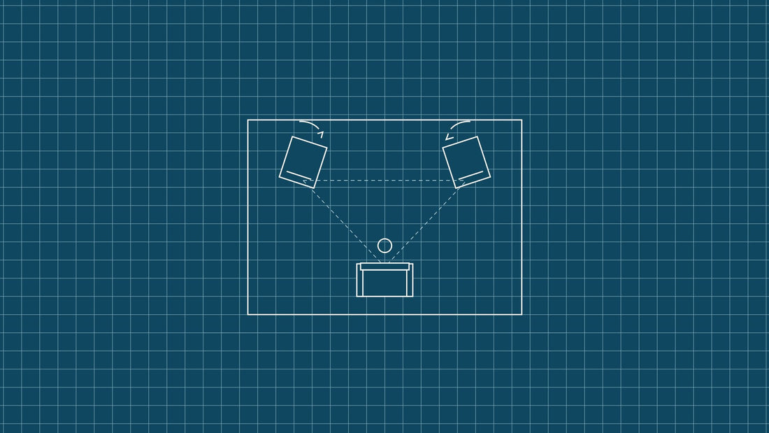 Blueprint-style line drawing on a teal grid: a room plan with two speakers angled towards a listening seat.