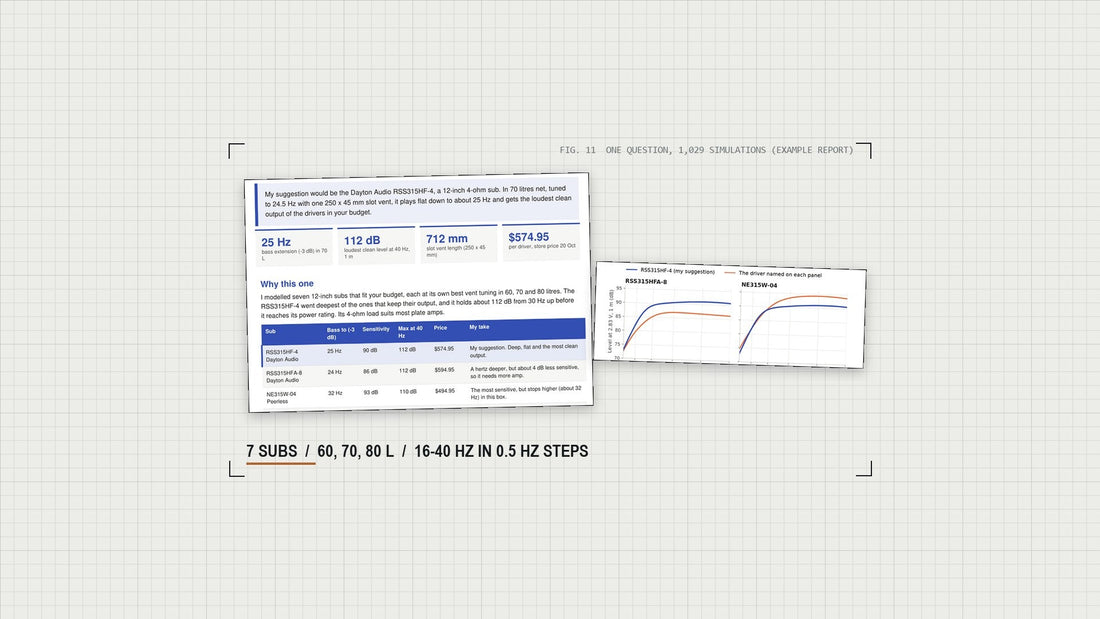 Two pages of an example NB Audio subwoofer report on grid paper: the suggested sub, its key figures, a comparison table and response charts.