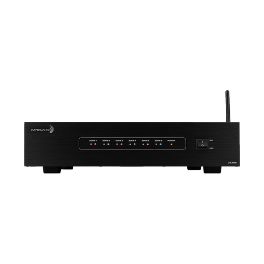 Dayton Audio DAX88 8x8 audio matrix amplifier, front view