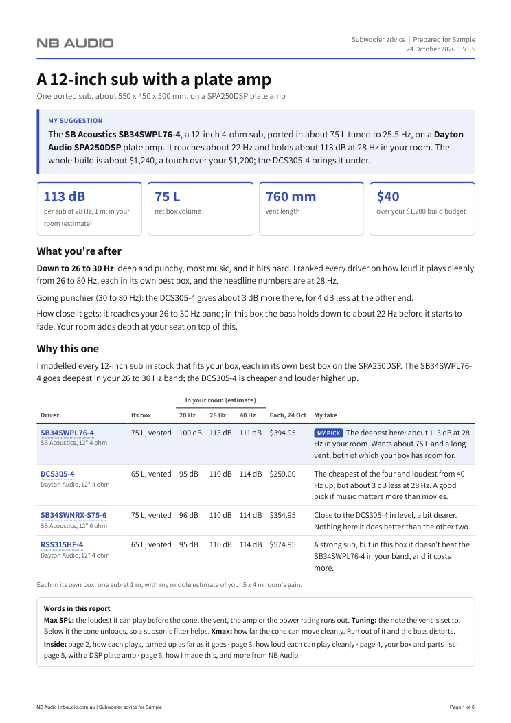 Page 1 of the sample report: A 12-inch sub with a plate amp